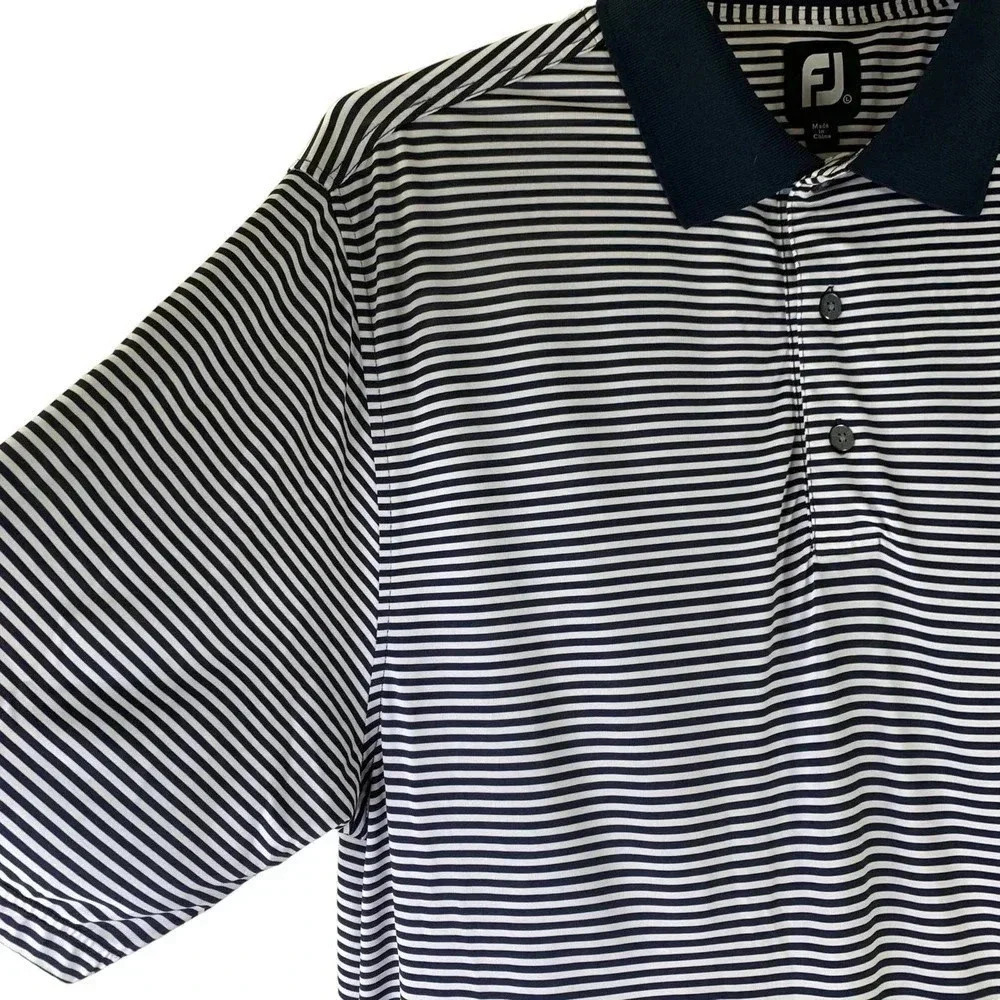 FootJoy FJ Striped Navy Athletic Polo Golf Shirt Men Size L MGA Lomas Cup 2014 - Picture 6 of 13